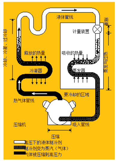 圖1.制冷系統(tǒng) 在典型的制冷系統(tǒng)中，壓縮機(jī)將熱氣體送到冷凝器，隨后，冷凝液通過蒸發(fā)器中的一個膨脹閥，進(jìn)行蒸發(fā)并獲取來自被冷卻區(qū)域的熱量。